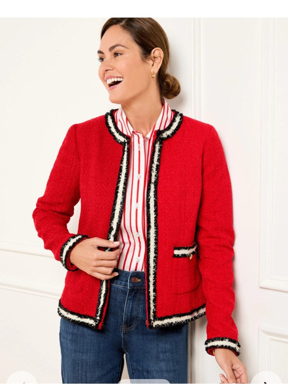 Talbots FRINGE STRIPE TWEED work office  JACKET 16W Plus Red Clasp Close